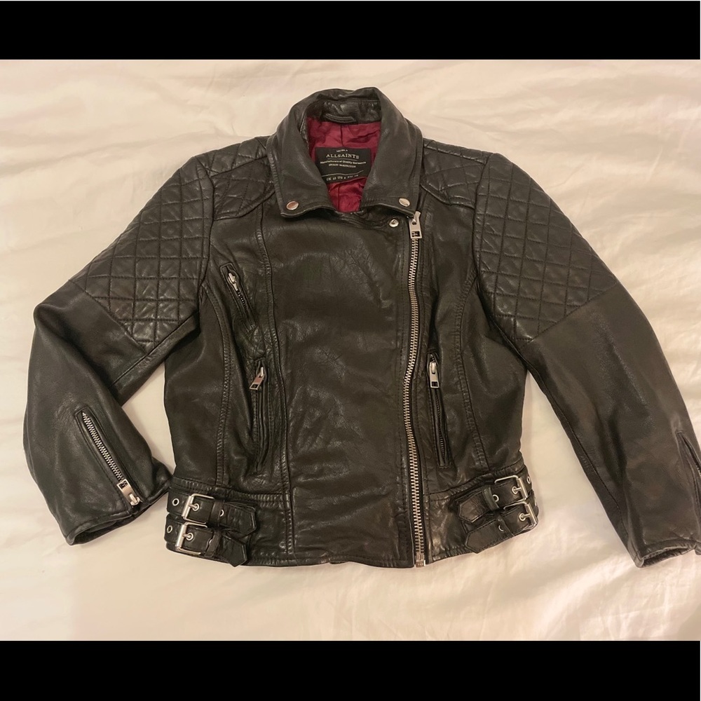 All Saints Beatie Biker Black Leather Jacket 3/4 sleeve US Size 06